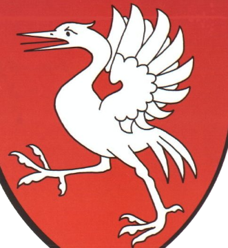 Blason de la Gruyère : grue blanche sur fond rouge